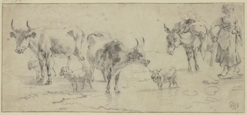 Hirtin bei einem Esel sowie drei Kühen und drei Schafen von Nicolaes Pietersz. Berchem