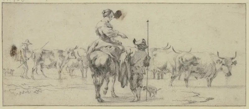Herde till häst, två herdar till fots, vid en kohjord av Nicolaes Pietersz. Berchem