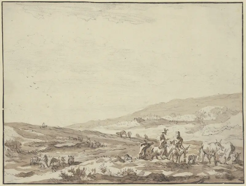 Hügelige Gegend, rechts Hirte und Hirtin auf Eseln reitend mit Vieh av Nicolaes Pietersz. Berchem