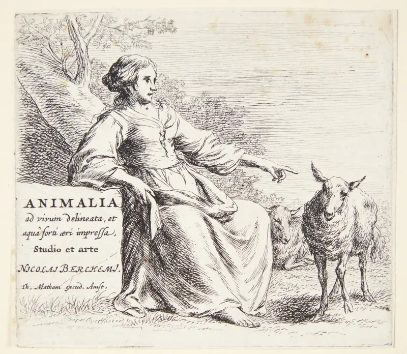 Herdeflicka med ett får. Titelblad till Får av Nicolaes Pietersz. Berchem