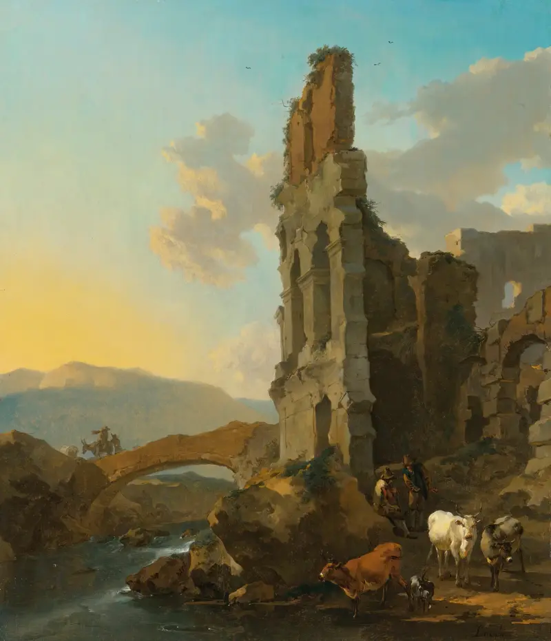 Italienskt flodlandskap med herdar vid ruinerna av en amfiteater och bönder som korsar en bro av Nicolaes Pietersz. Berchem