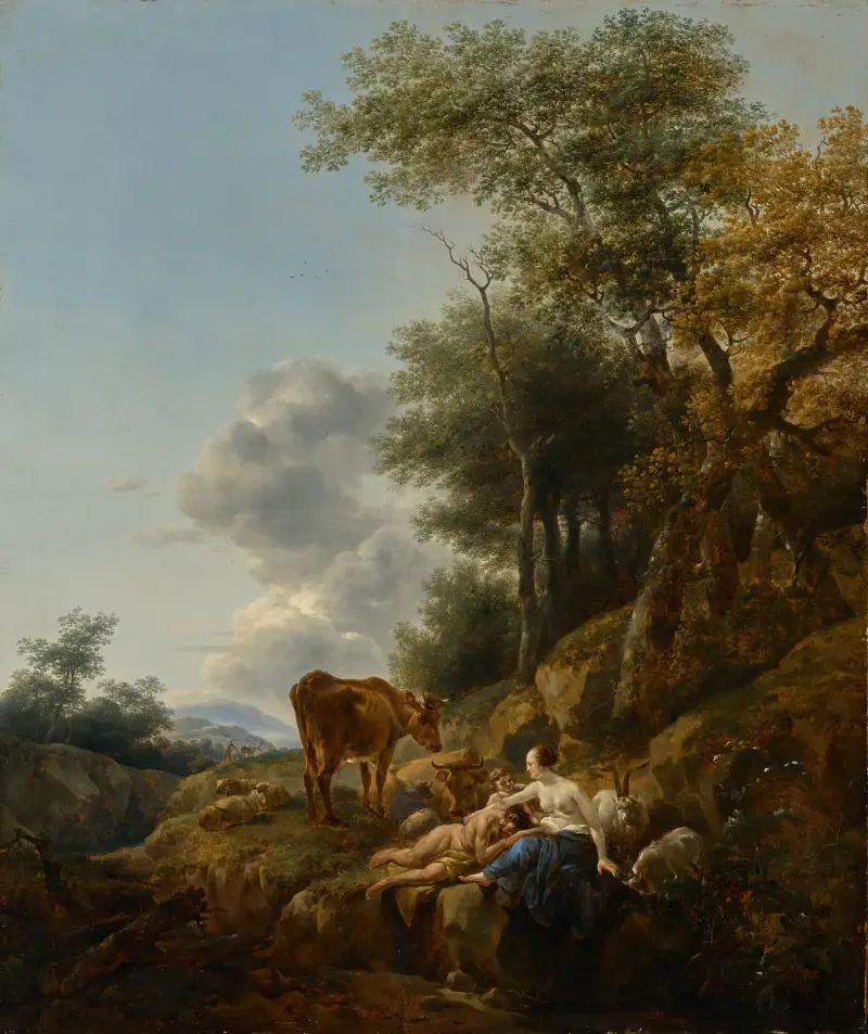 Landskap med en nymf och en satyr av Nicolaes Pietersz. Berchem