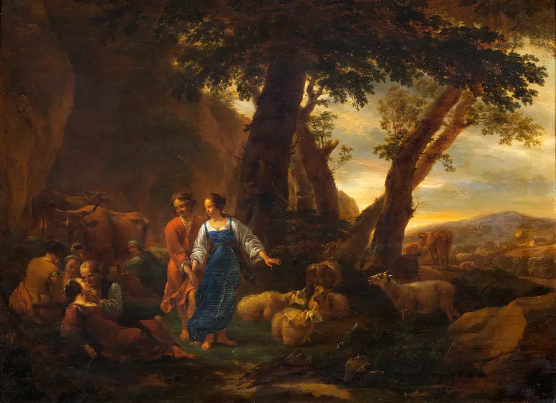 Landskap med bönder och boskap av Nicolaes Pietersz. Berchem