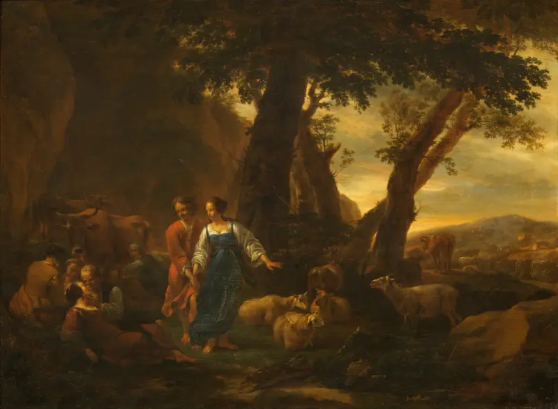 Landskap med bönder och boskap av Nicolaes Pietersz. Berchem