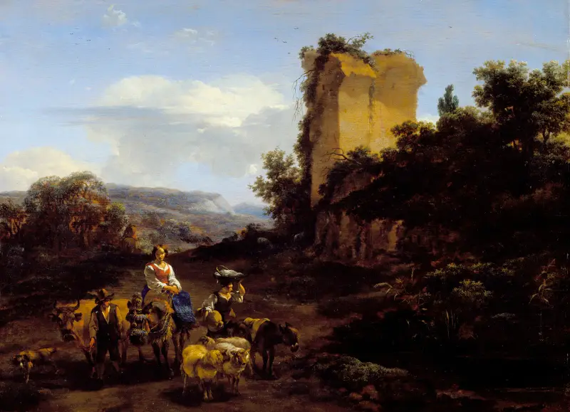 Landskap med ruiner och resenärer av Nicolaes Pietersz. Berchem