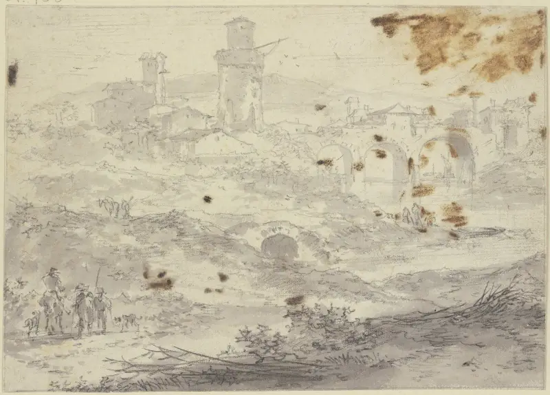 Landschaft mit einer Stadt und einer großen Brücke mit drei Bögen, vorne links drei Figuren av Nicolaes Pietersz. Berchem