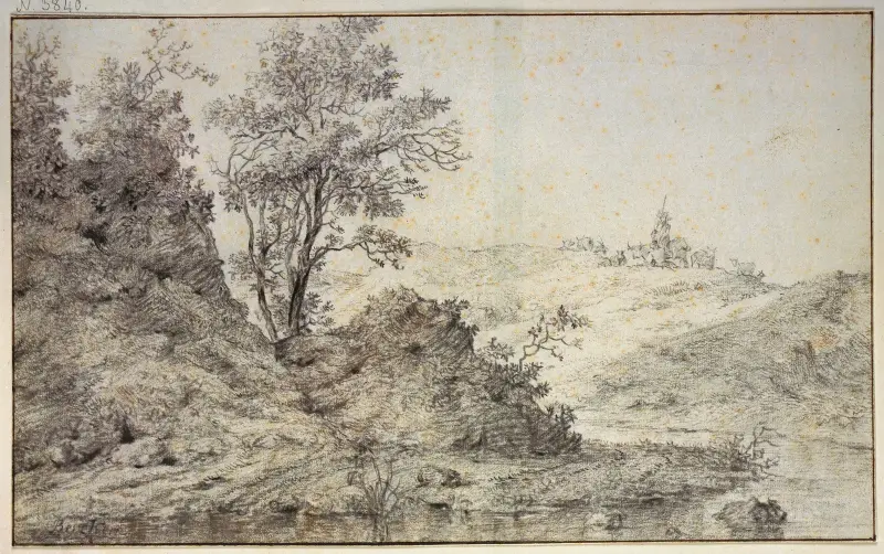 Landskap med vatten, på kullen herde och herdinnan med boskap av Nicolaes Pietersz. Berchem