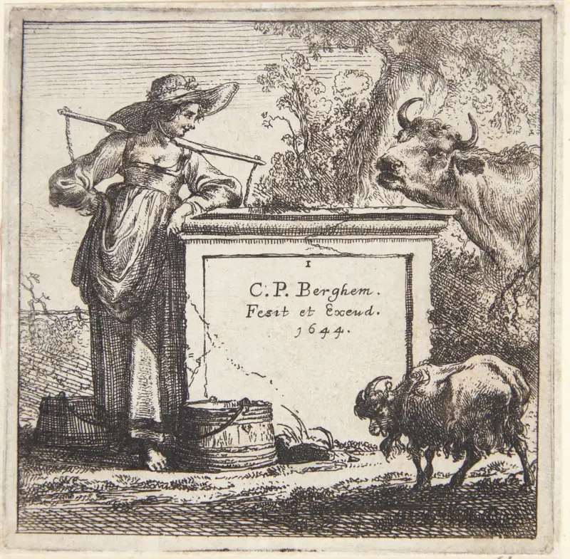 Mjölkpiga lutad mot en piedestal av Nicolaes Pietersz. Berchem