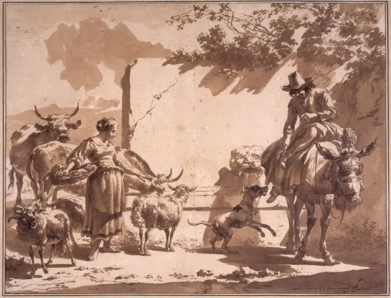 Mulåsnedrivare och herdinna med boskap vid en fontän av Nicolaes Pietersz. Berchem