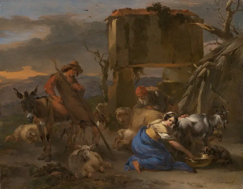 Herdescén med en herdinnna som mjölkar en get av Nicolaes Pietersz. Berchem