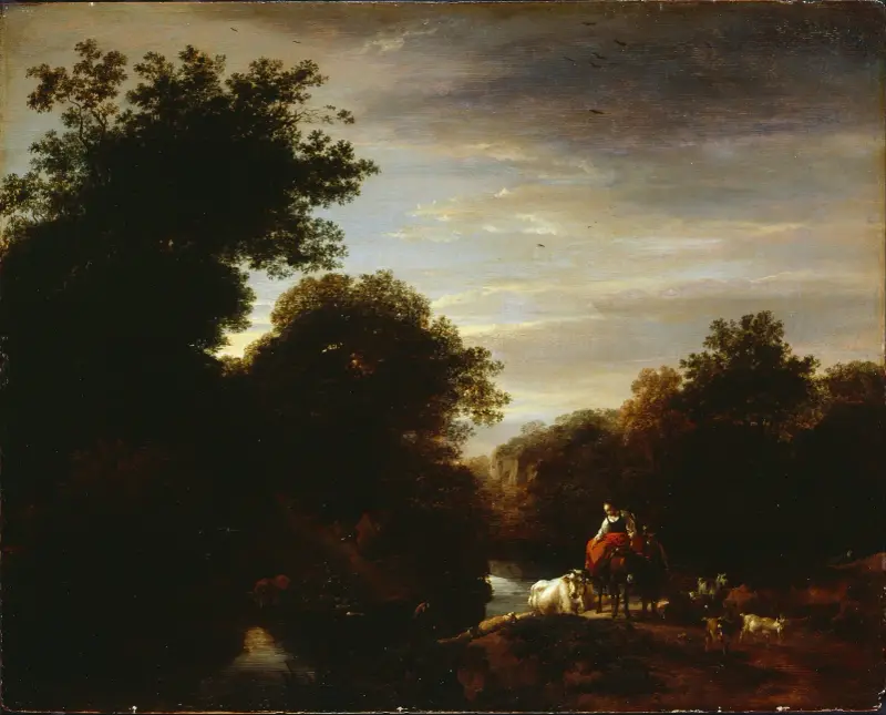 Bönder vid ett vadställe av Nicolaes Pietersz. Berchem