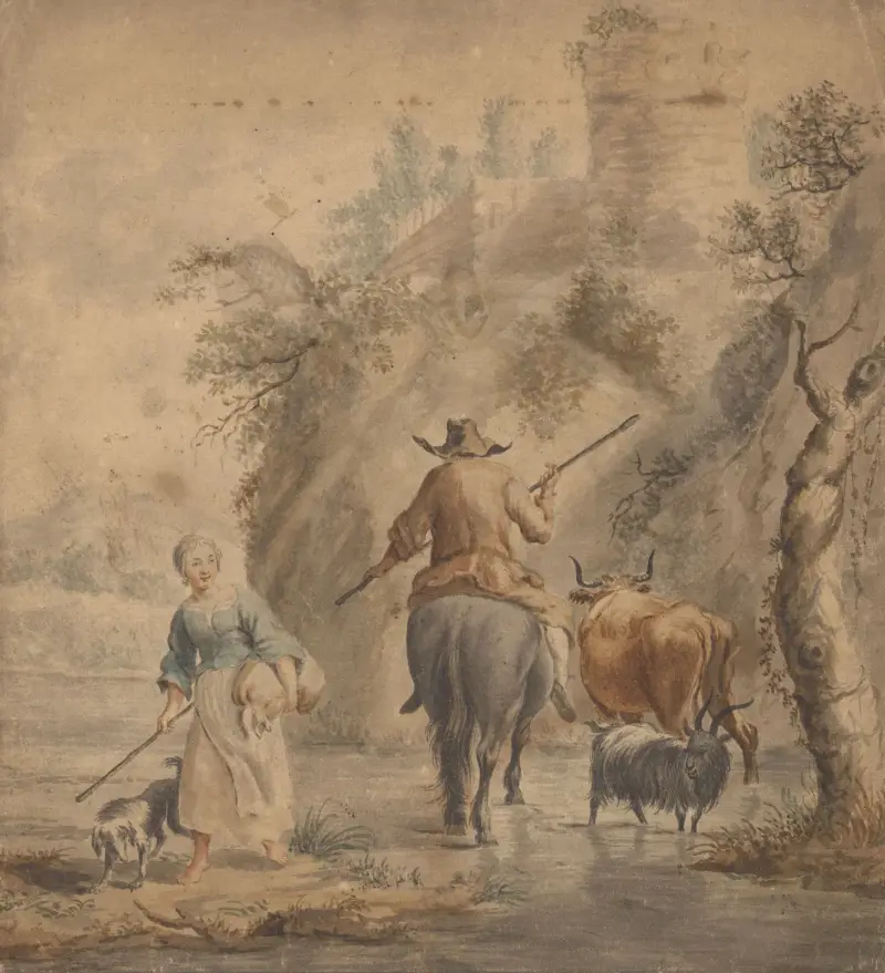 Rivierlandschap met een ruiter, vrouw en vee av Nicolaes Pietersz. Berchem