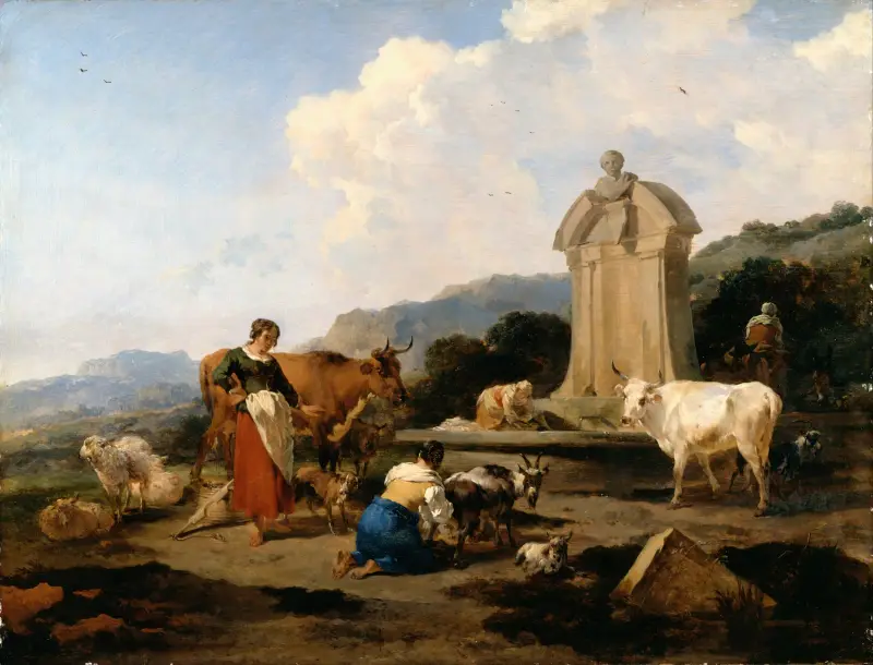 Römischer Brunnen mit Vieh und Figuren (Le Midi) von Nicolaes Pietersz. Berchem