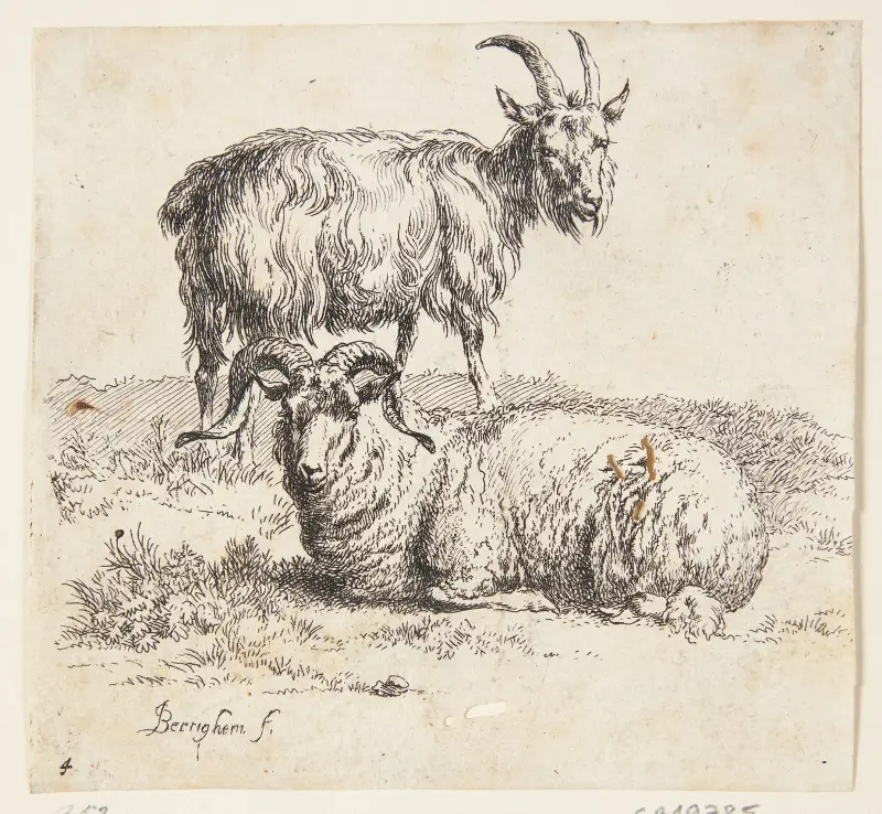 Stående get och liggande bagge av Nicolaes Pietersz. Berchem