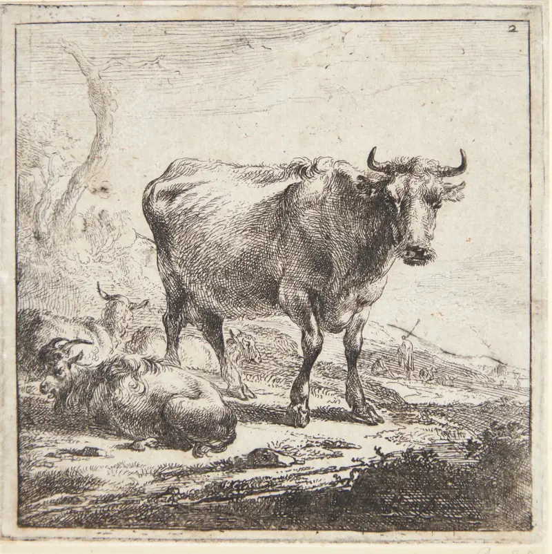 Stående ko och liggande getter och får av Nicolaes Pietersz. Berchem