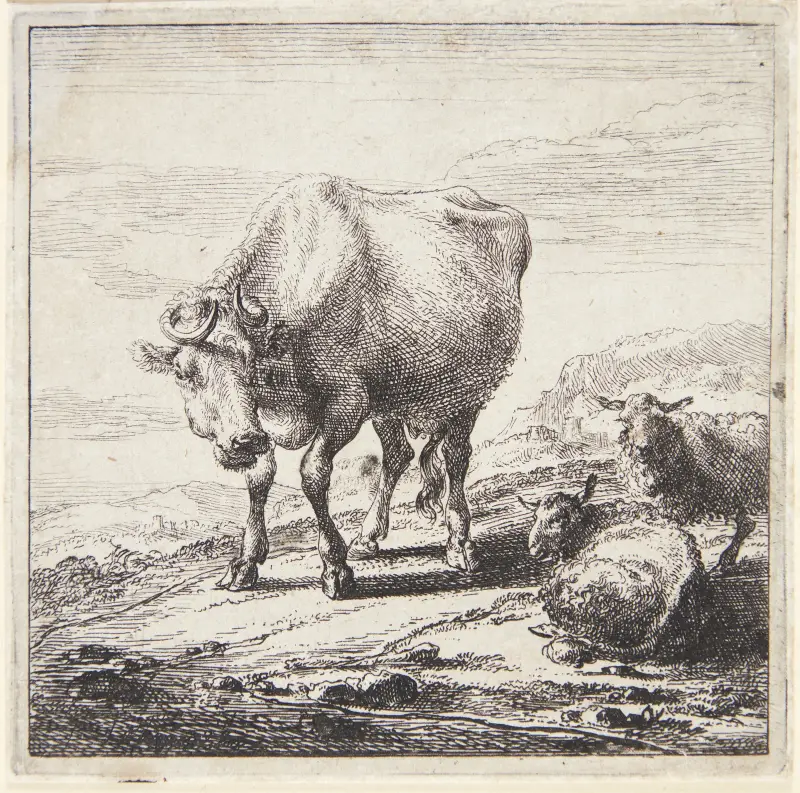 Stående ko och två liggande får av Nicolaes Pietersz. Berchem