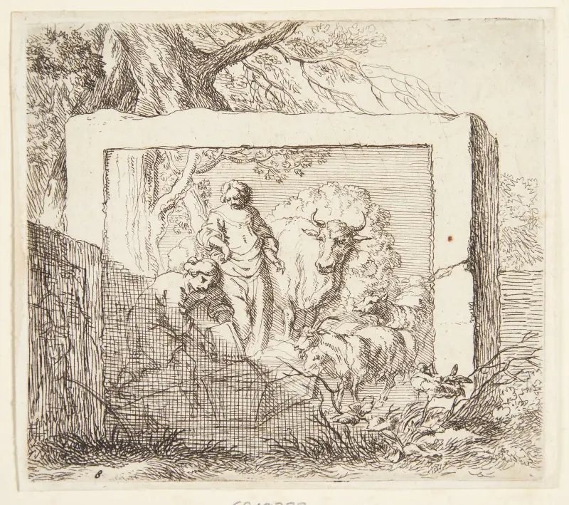 Stenblock med en relief föreställande en herde som häller vatten i ett tråg av Nicolaes Pietersz. Berchem