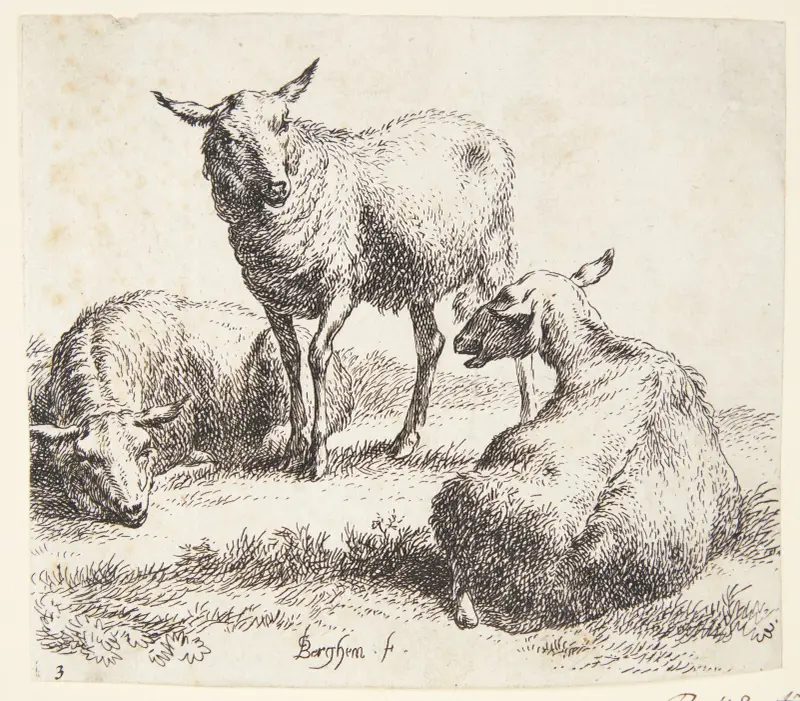 Två liggande och en stående får av Nicolaes Pietersz. Berchem