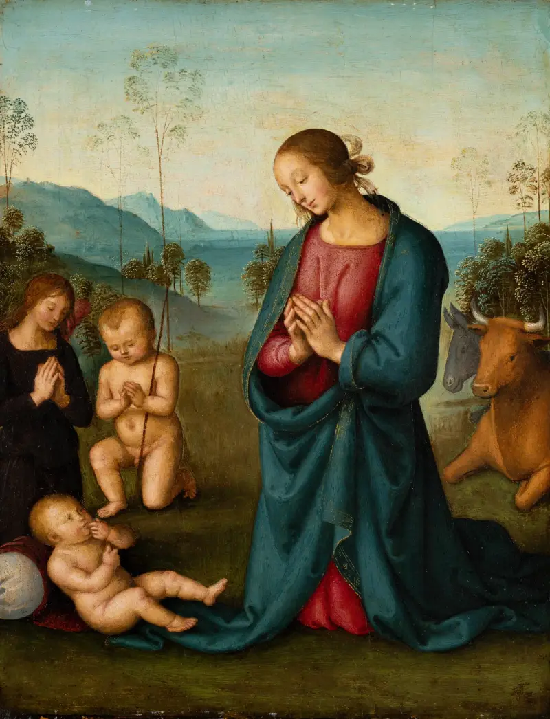 Madonna, the Infant St. John and an angel, worshiping the Christ Child av Pietro Perugino