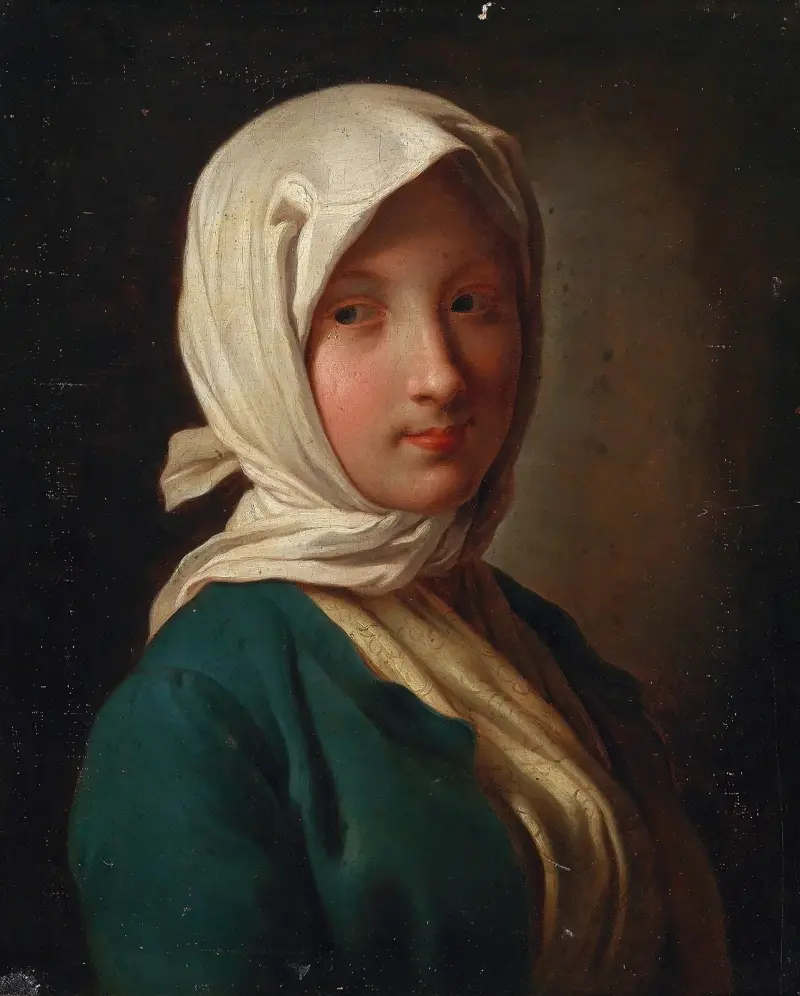 A girl in a blue jacket and white headscarf av Pietro Rotari