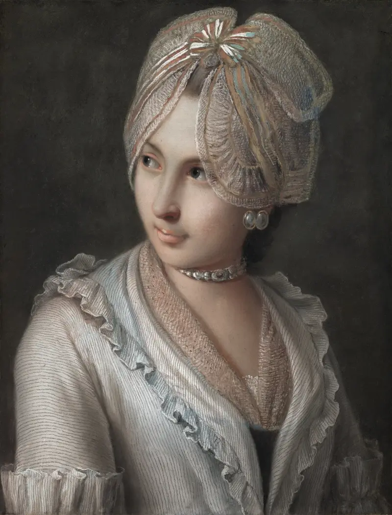 An Elegant Young Lady with a Lace Cap av Pietro Rotari