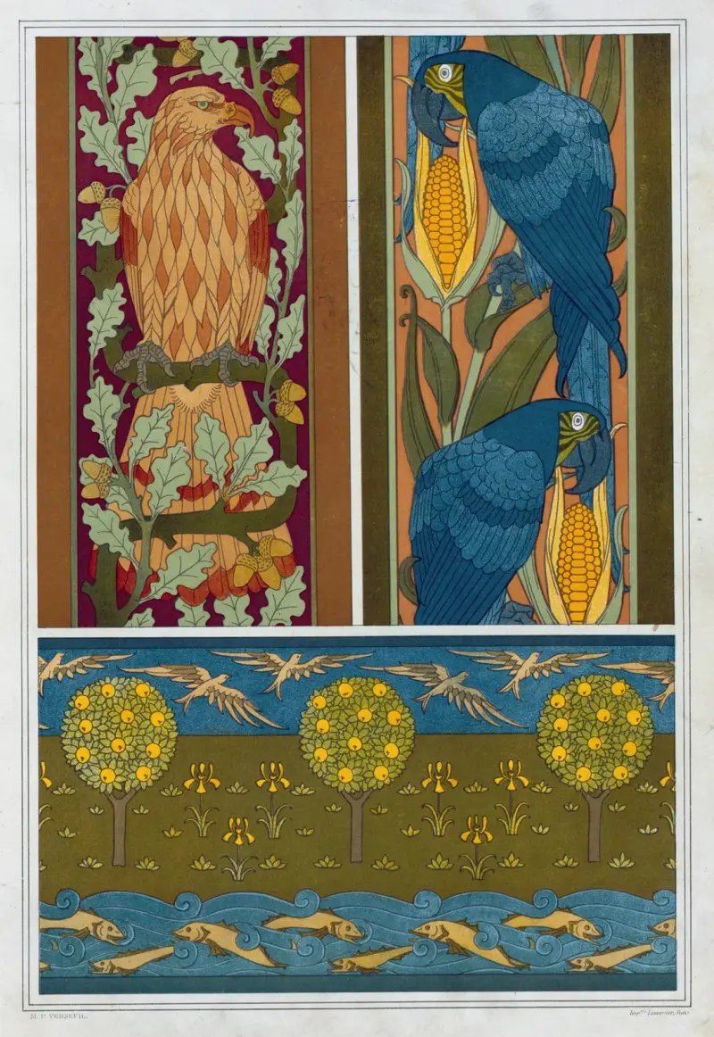 Aigle et chêne, aras et maïs, bordures. Poissons et oiseaux, frise. av Maurice Pillard Verneuil