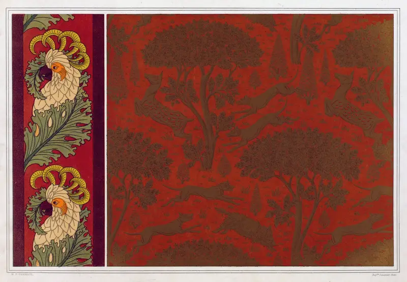 Cacatoès, bordure. Chiens, chevrettes et marcassins, cuir gaufré et doré av Maurice Pillard Verneuil