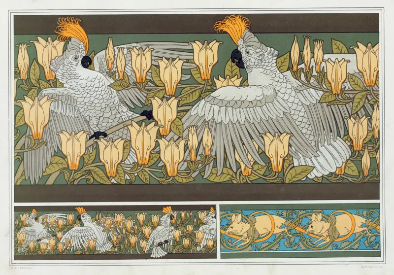 Kakaduor och magnolia, bård. Vita möss. av Maurice Pillard Verneuil