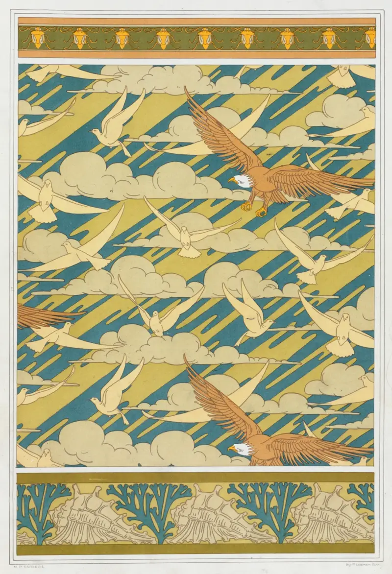 Carpocoris, bård. Örnar och duvor, tapet. Snäckor och alger, bård. av Maurice Pillard Verneuil