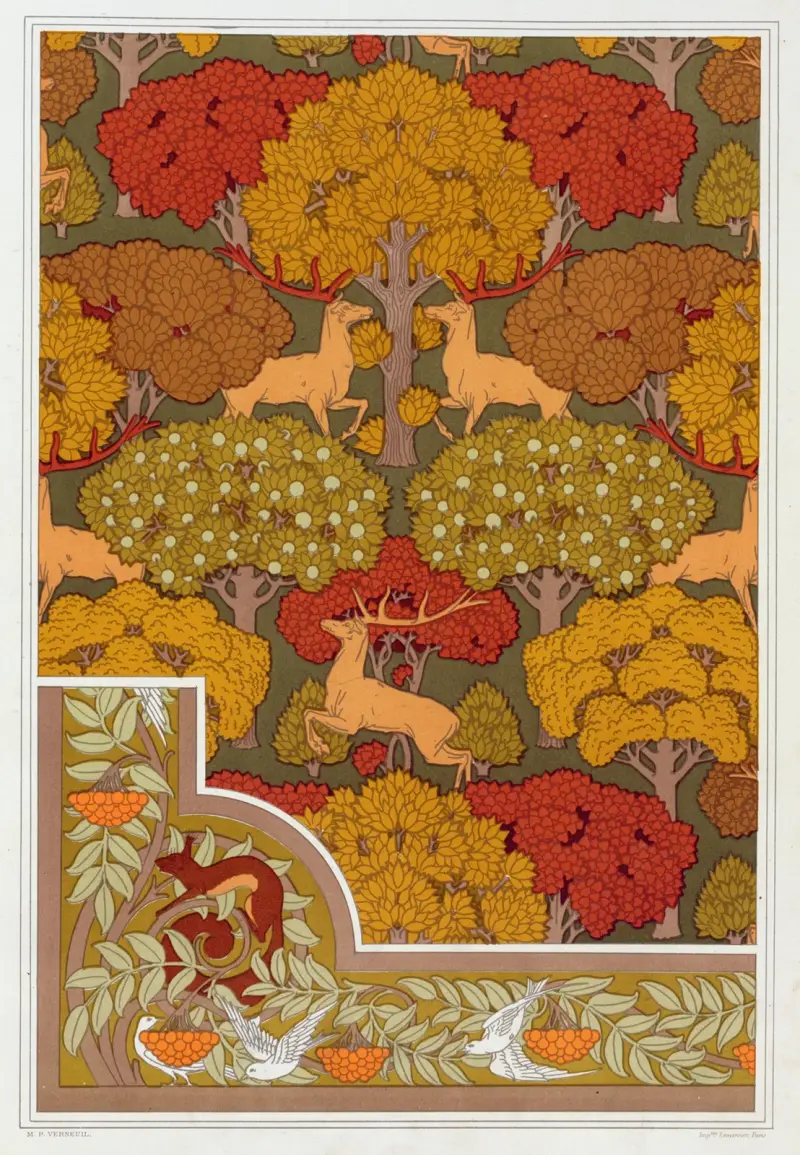 Hjortar och träd, tapet. Ekorre, fåglar och rönn, bård. av Maurice Pillard Verneuil