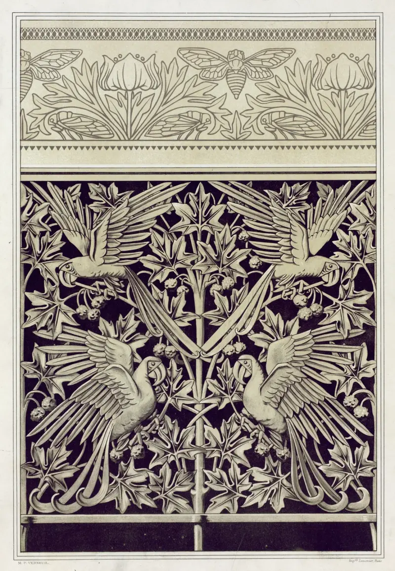 Zikaden und Anemonen, Spitzenbordüre. Aras und Platane, Gusseisen. von Maurice Pillard Verneuil