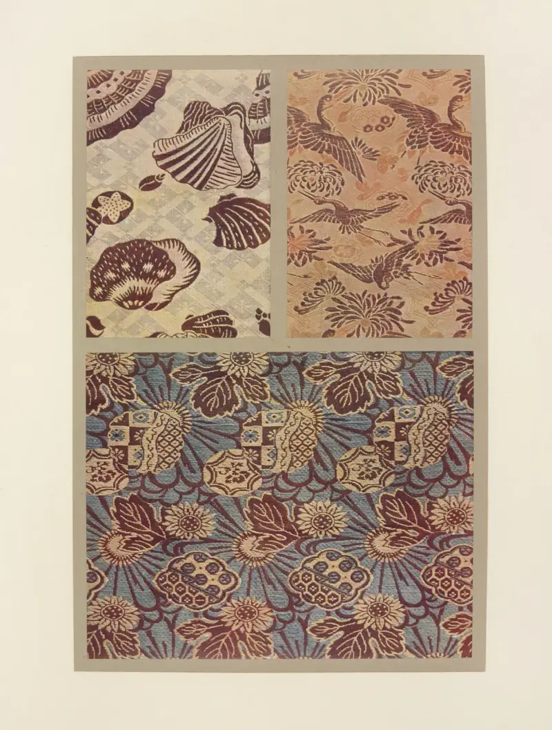 Schnecken auf geometrischem Grund; Kraniche im Flug und Chrysanthemen; Sonnenblumen von Maurice Pillard Verneuil