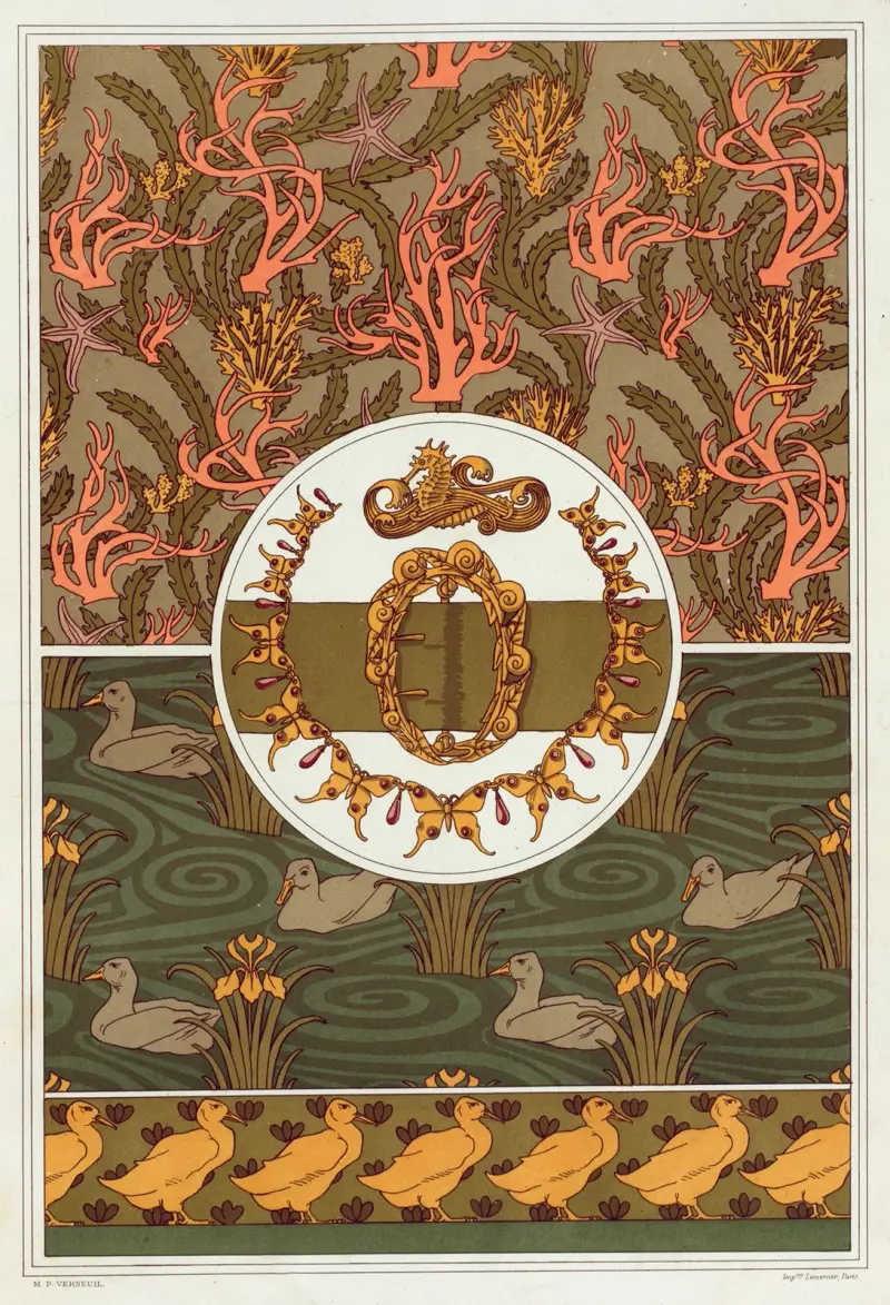Koraller, madreporkoraller, sjöstjärnor och alger, tryckt cretonne. av Maurice Pillard Verneuil