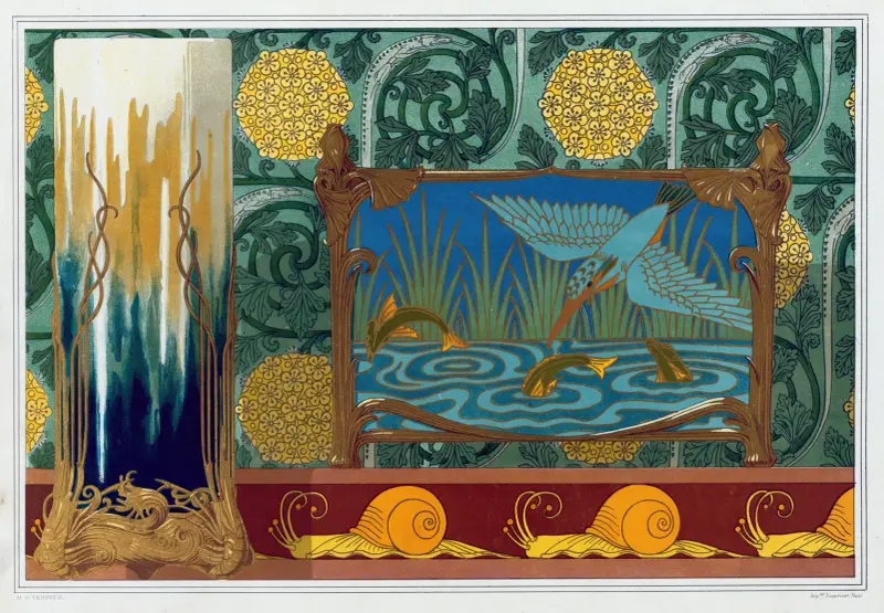 Crevettes, support en bronze pour un vase. Martin-pêcheur et poissons, jardinière bronze et émail cloisonné. av Maurice Pillard Verneuil