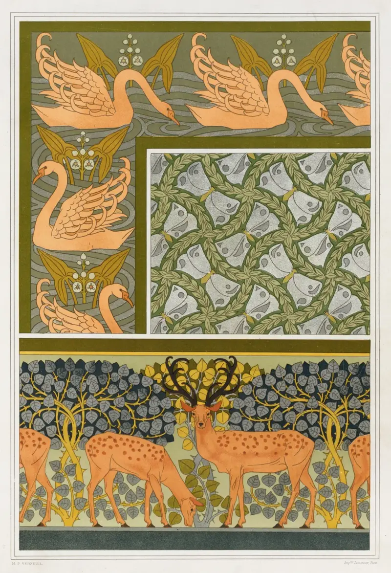 Cygnes et sagittaire, bordure. Pappillons et feuillages, étoffe. Cerfs et biches, frise. av Maurice Pillard Verneuil
