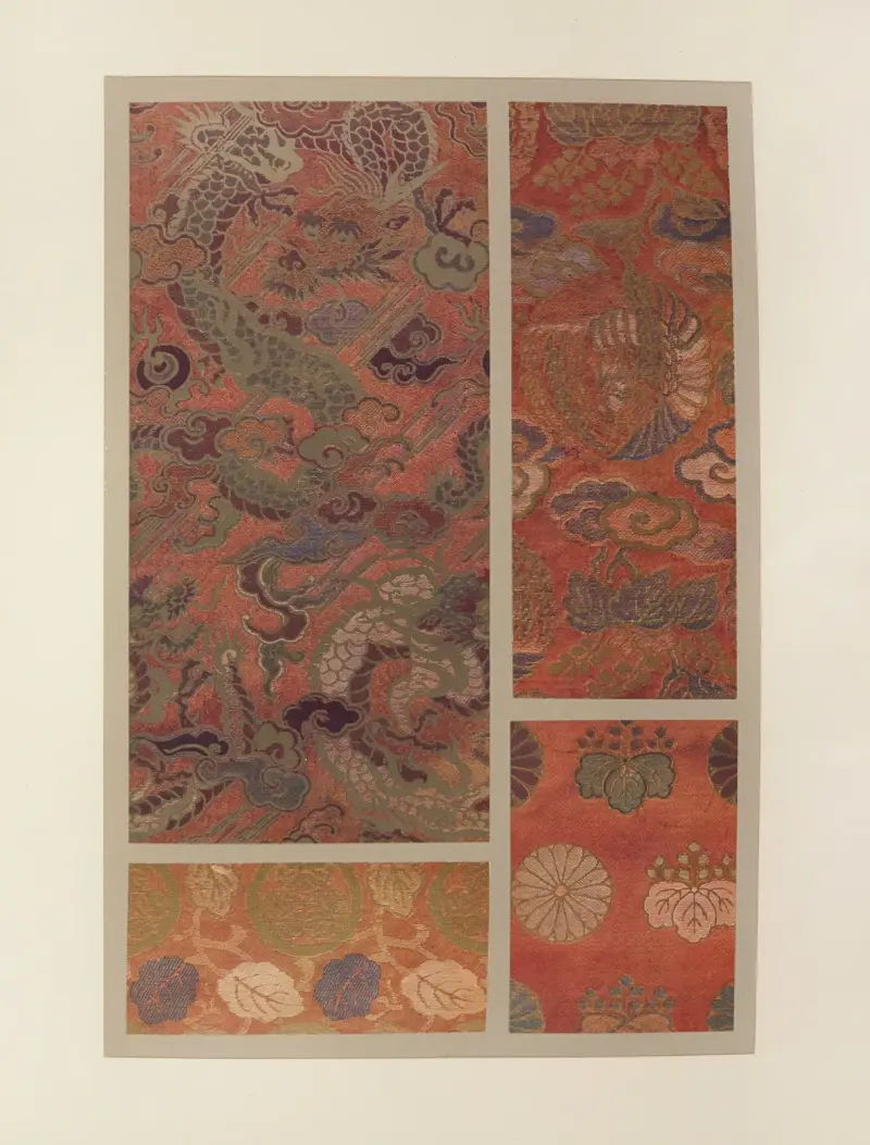 Dragon ; oiseaux et plantes stylisées ; feuilles et rosaces ; paulownia et rosaces av Maurice Pillard Verneuil