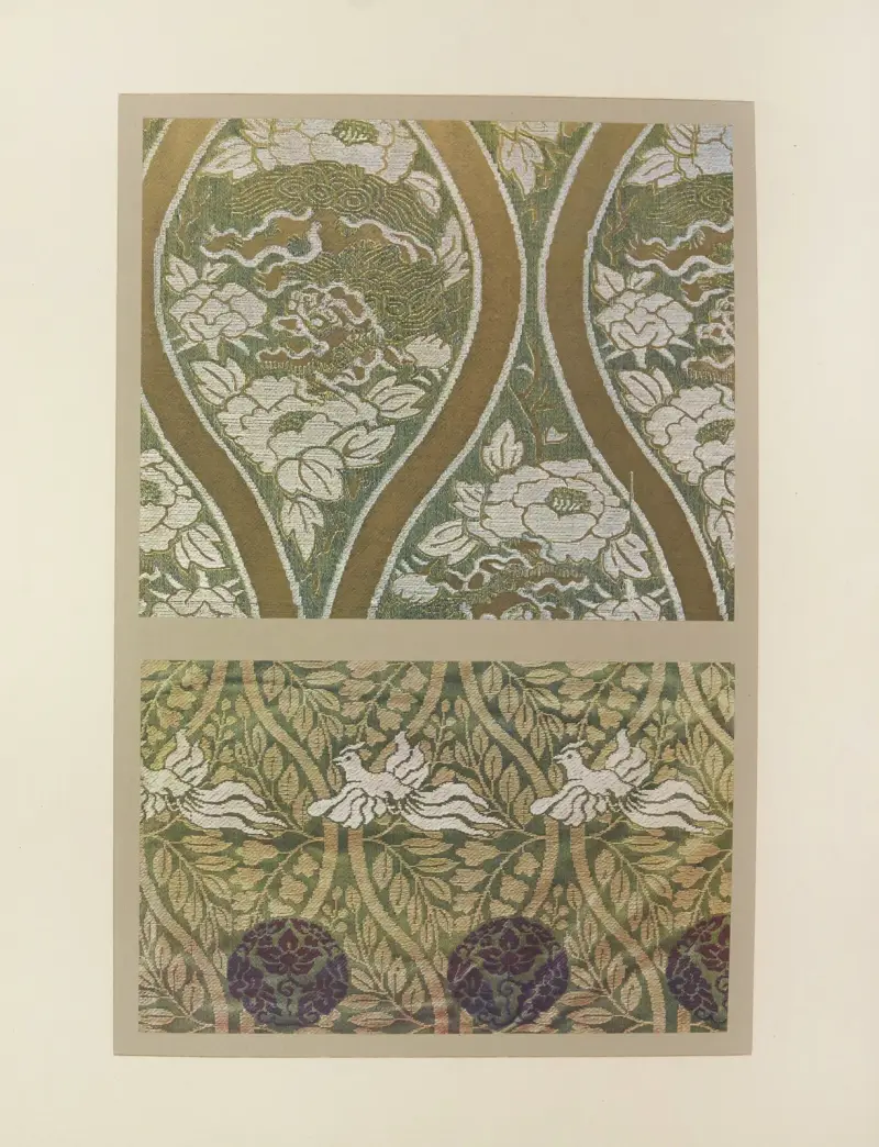 Dragons et pivoines ; feuillages et oiseaux au vol av Maurice Pillard Verneuil