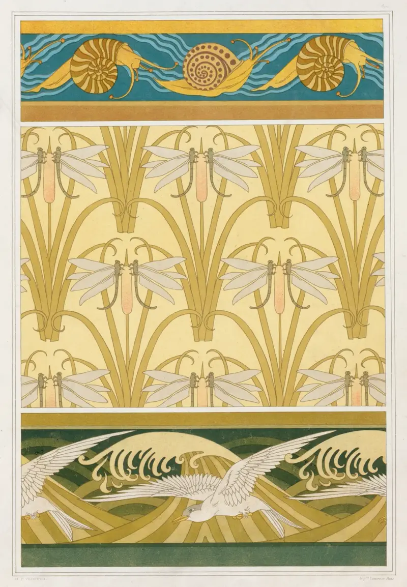 Escargots, bordure. Libellule et roseaux, papier peint. Mouettes, bordure. av Maurice Pillard Verneuil