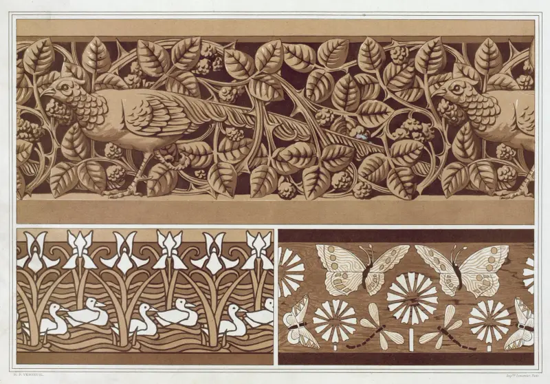 Faisan et ronces, bois sculpté à jour. Papillons et libellules, marqueterie. Canards et iris, pochoir. av Maurice Pillard Verneuil
