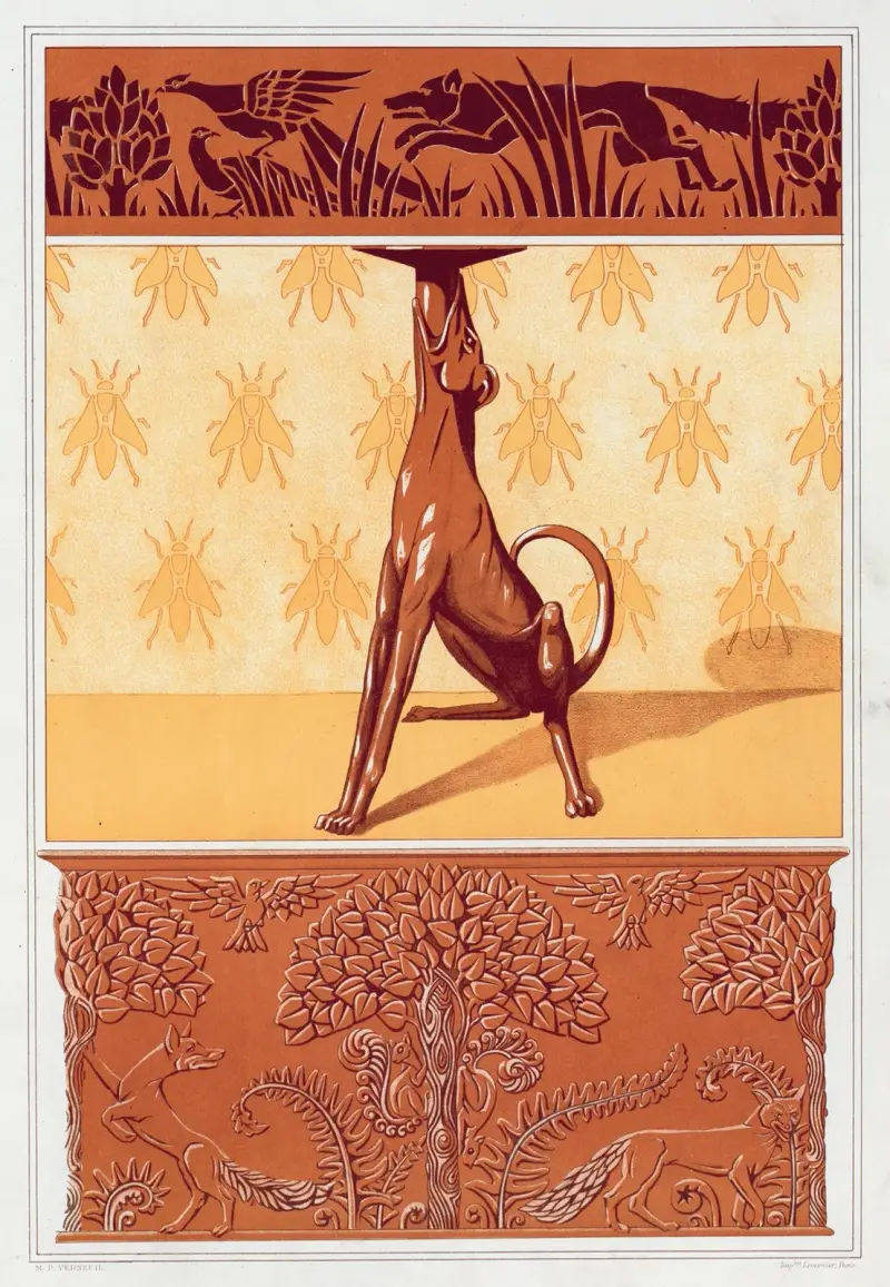 Faisans et renard, frise cuivre découpé. Chien, chandelier. Abeilles, semis. Renards, écureuils et oiseaux, jardiniere cuivre repoussé av Maurice Pillard Verneuil