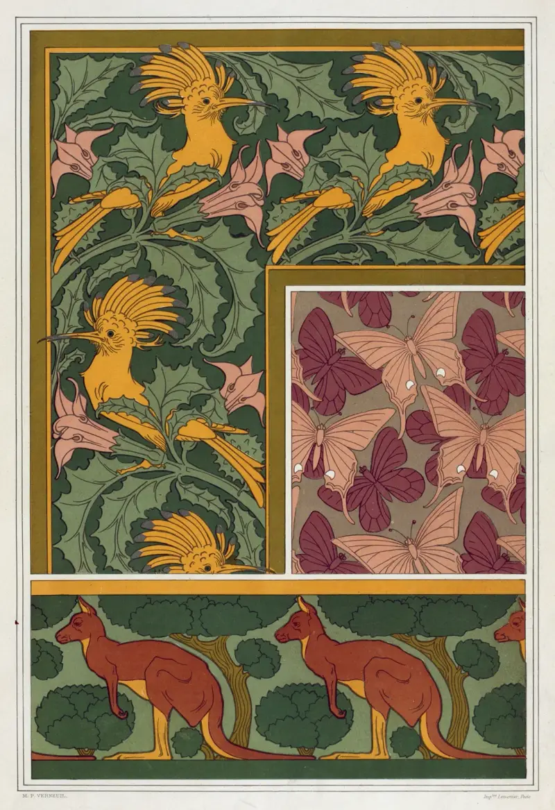 Huppes et stramoine, bordure. Papillons, étoffe de soie. Kangourou et arbres, bordure. av Maurice Pillard Verneuil