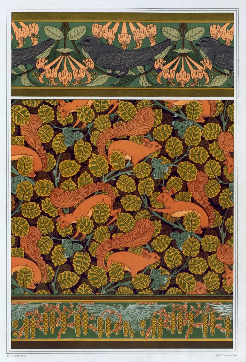 Martinets et chèvrefeuille, bordure. Écureuils et noisetier, papier peint. Oiseaux et noisetier en fleur, bordure. av Maurice Pillard Verneuil