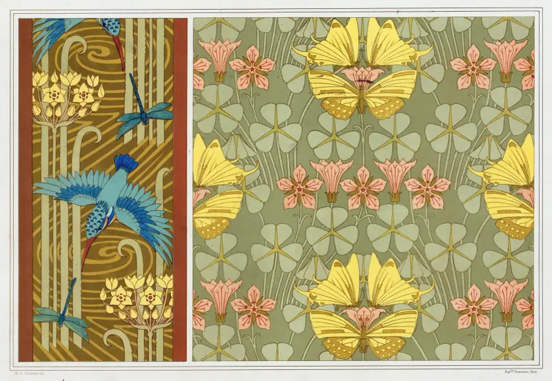 Eisvögel, Libellen und Schirmblättriger Doldenblütler, Bordüren; Schmetterlinge und Sauerklee, Stoff von Maurice Pillard Verneuil