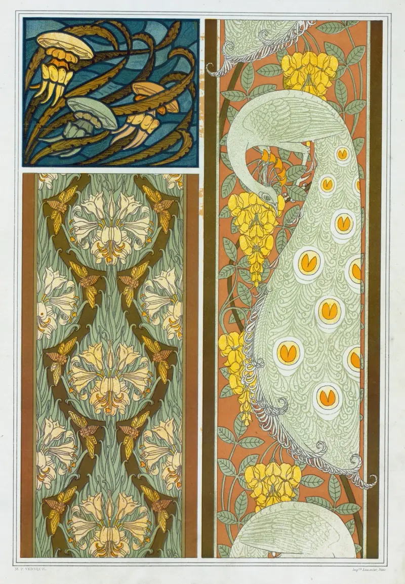 Méduses et algues, vitrail. Cigales et lis, paons et cytise, bordures. av Maurice Pillard Verneuil