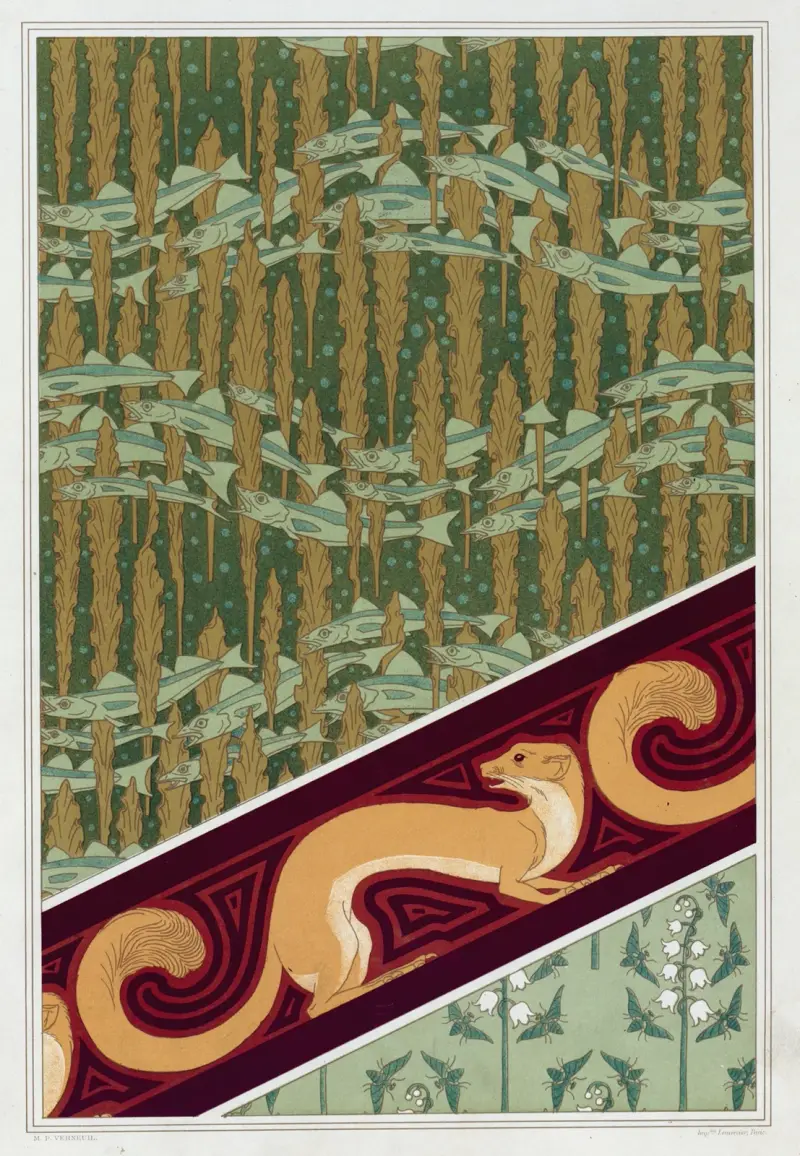 Merlans et algues, Tapete. Mouches et muguet, Seidenstoff. Hermine vulgaire, Bordüre von Maurice Pillard Verneuil