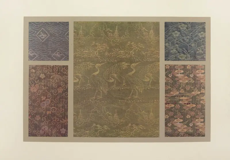 Ornamentmotiv: blommor och tallbarr; tranor och landskap; ornamentmotiv av Maurice Pillard Verneuil