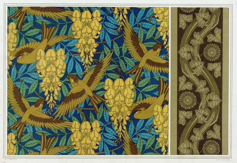 Fåglar och blåregn, väggtextil. Ödlor och murgröna, bård. av Maurice Pillard Verneuil