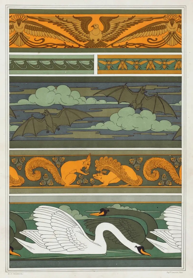 Oiseaux. Libellules. Mouches. Chauve-souris. Écureuils et noisettes. Cygnes, bordures. av Maurice Pillard Verneuil