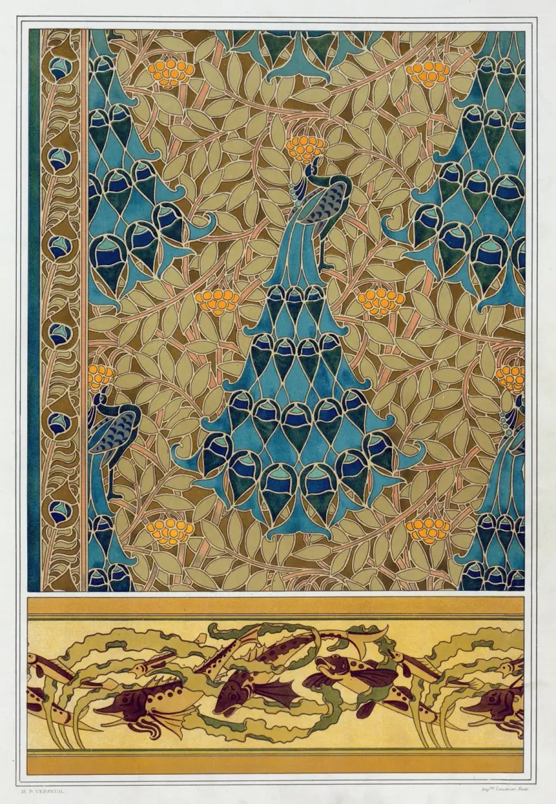 Pfauen in Vogelbeerbäumen, Pochoir; Fische und Algen, Bordüre von Maurice Pillard Verneuil