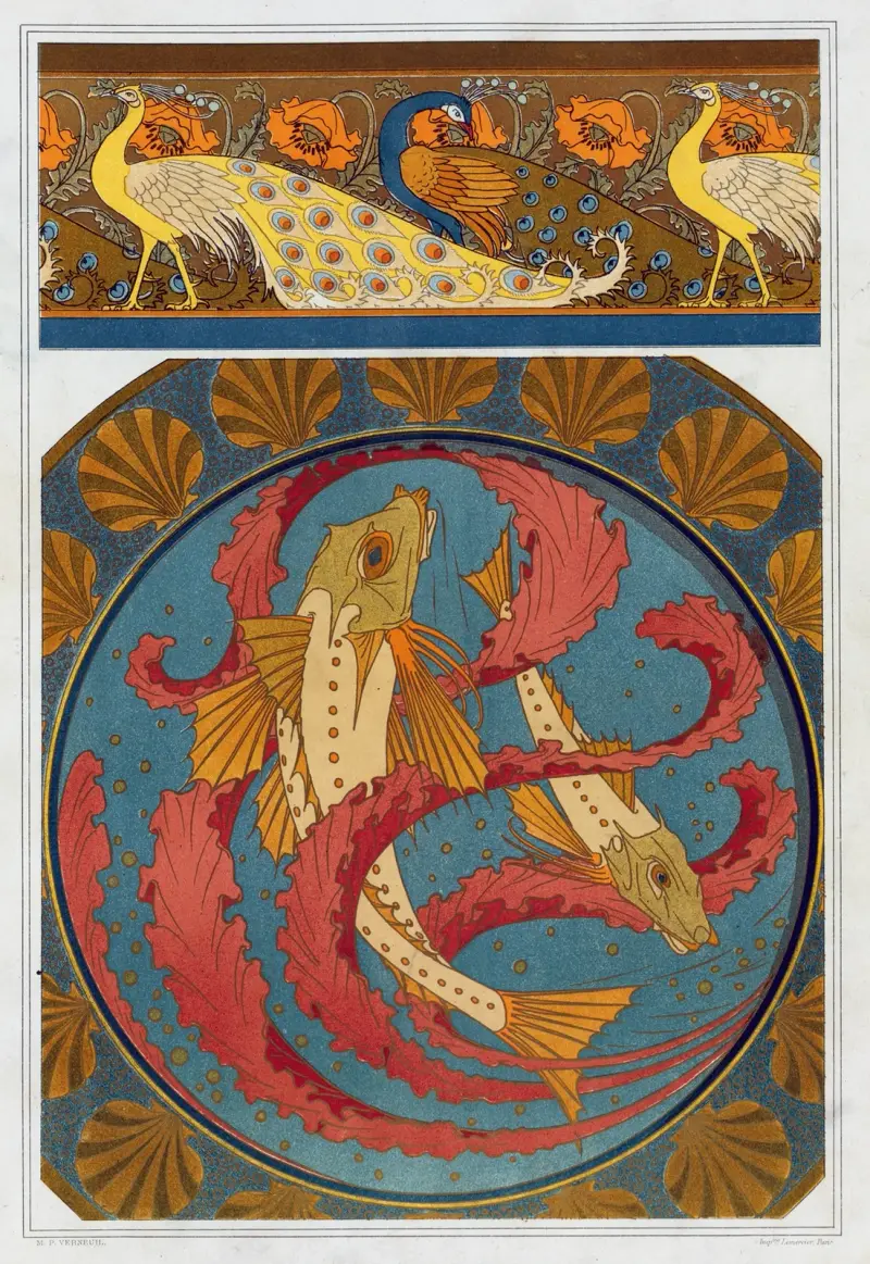 Påfåglar och vallmo, bård. Grönskande växter, alger och snäckor, platt av emalj cloisonné. av Maurice Pillard Verneuil